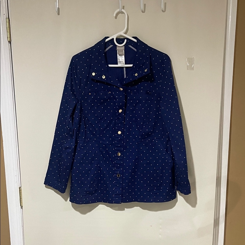 NWOT Chico's Luxe Twill Stylish Navy Blue With White Polka Dot Utility Jacket - Picture 4 of 15